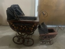 Antique Victorian Baby Doll Stroller Vintage Wicker Wood Iron. Set of 2 picture