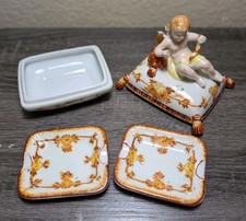 Rare Putti Cherub Porcelain Ashtray Box w/2 Ashtrays Occupied Japan Hand Painted picture