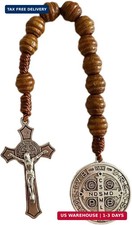 Rosario de Bolsillo de San Benito Denario de Madera Católico con Cruz de Protecc picture