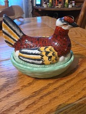 Wonderful Antique English Staffordshire Brown Hen Chicken On A Nest Rare Green picture