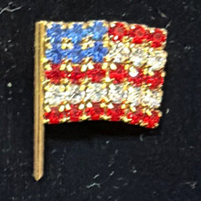Rhinestone American Flag Pinback Lapel Pin Gold Tone Clear Patriotic Theme 1