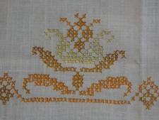 Vintage Ivory Linen Hand Embroidered Tablecloth Cross-Stitched Floral Motifs picture