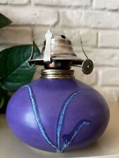 Hand Made Purple Pottery Oil Lamp w/Green Leaves. Signed 