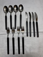 STAINLESS FLATWARE 12 VTG NILS JOHAN SWEDEN DECO  MID CENTURY MODERN WOOD FAUX picture