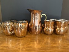 Vintage Hammered Copper Pitcher & 6 Mug Set Water Jug Moscow Mule Barware 7pc picture