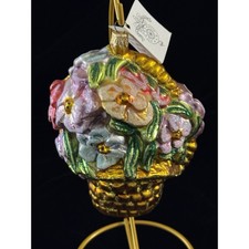 Vintage 90s Larry Fraga Basket Of Flowers Blown Glass Ornament Tag Large Poland picture