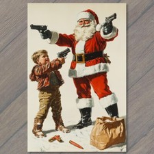 POSTCARD Santa Claus Kids with Guns in the Snow Holiday Cheer Strange Unusual picture
