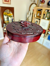 Vintage Chinese Carved Wood Oval Trinket Box Dragon Cloud Motif Red Lacquer picture