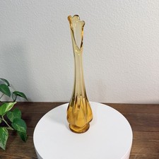 Vintage VIKING Glass 6 PETAL Footed Honey Amber And White Swung Vase picture
