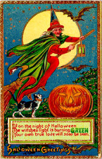 Antique Halloween Postcard Witch Broomstick Light Burning Green JOL Gel  c1910 picture