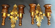 Vintage PAIR HOMCO Double Wall Sconce Candle Holder Home Interior Wood & Gold picture