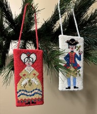 Vintage Handmade Needlepoint Christmas Ornaments - Colonial Couple - SET OF 2 picture