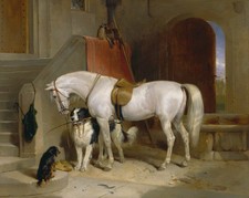 Oil painting nice white horses with dogs holding Horsewhip in stable picture