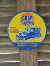 Vintage Gulf Gasoline Sign - Porcelain Enamel Penetrating Oil Gas  Sign picture