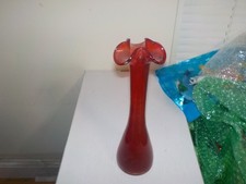 Vintage Kreiss Handblown Blood Red Glass Vase w/ Clover Leaf Spout Made In Japan picture