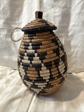 Vintage African Zulu Tribal Handwoven Palm LiddedUkhamba 20” Dia Brown & Black picture