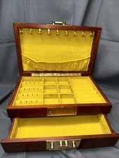 VTG Linden Brass + Wood Footed Jewelry Box w Drawer Vanity Velvet 11