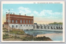 Vintage Merrill, WI Postcard Alexander Dam c.1920s Wisconsin River Trolley Cars picture