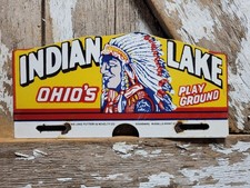 VINTAGE INDIAN LAKE PORCELAIN SIGN RARE OLD OHIO CAMPGROUND TAG TOPPER CABIN picture