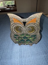 VTG Cast-Iron Stained Glass Mcm Owl Napkin Letter Holder Bright Colors 6 Inch picture