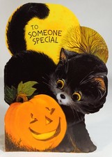 Vintage 1970s 1971 HALLOWEEN Greeting Card-Black Cat-Jack O Lantern-Hallmark picture