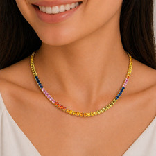 14CT Round Cut Lab-Created Rainbow Sapphire Tennis Necklace 14K Yellow Gold Over picture