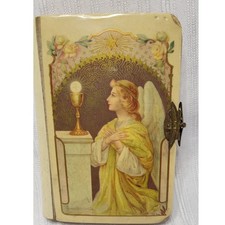 Antique Celluloid Catholic Prayer Book Angel Altar Crucifix Inset Brass Clasp picture