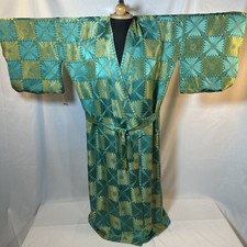 VTG JOLA Japan Kimono Robe Teal Gold Metalic Checkerboard Full Length 60’s 70’s picture