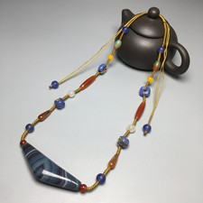 Natural Banded HighOil Patina Old Agate Necklace Antique Vintage CollectibleB555 picture