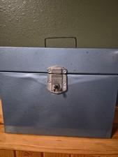 Vintage Hamilton Porta-File Metal Locking File Box Gray Blue Carry Handle Key picture