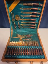 Vintage 29pc Thai Gems Factory Brass Rosewood Flatware Set Wood Case picture