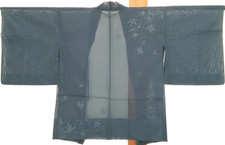Vintage Summer Haori Silk Dark Green Bamboo Leaf Sheer Kimono Jacket M 27.5in picture