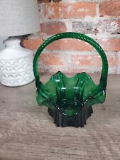 Vintage Emerald Green Fenton Ruffled Hand Held Glass Vulcan Basket 9544 picture