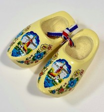 Vintage Dutch Wooden Clogs Souvenir Pair Yellow Floral Windmill Holland picture
