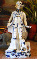 Vtg Porcelain Figurine MAN W DOG Blue & White Baroque Style HANDPAINTED 12.5