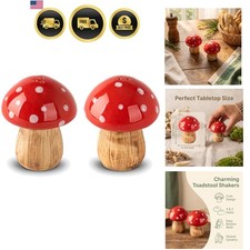 Mushroom Salt and Pepper Shakers Set Ceramic Red Toadstool Dispenser picture
