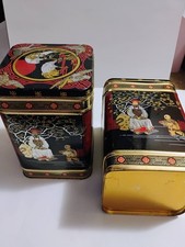 2 VGT Baret Ware Tea Tin Caddies, Chinoiserie Crane Motif, Made in England 1970s picture