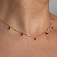 14K Yellow Gold Over Diamond And Ruby By The Yard Dangling Station Necklace 18