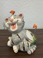 Vtg Kitschy Ceramic Cat Trinket Box Figurine Wide Open Mouth Grey Striped Fish picture