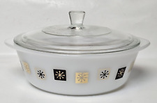 Vintage Inland Glass Covered Casserole Dish Atomic Stars Black Gold White Lid picture