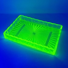 Vintage Uranium Glass Tray Hoffman Chocolates Antique Vaseline Advertising Glow picture