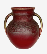 1930's Matte Mottled Burgundy Niloak Pottery Vase, Handled 6-5/8