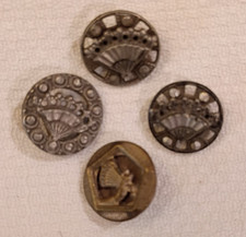 Vintage Antique Metal Picture Buttons-4 Fan buttons- Hand with Fan etc. picture