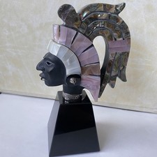 VTG Hand Carved Obsidian Mayan Sculpture Sterling MOP Abalone Shell Inlays AS-IS picture