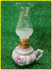 Vintage 1970's Japan Oil Lamp Ceramic Floral 7.5” Tall W/ Wick Handle & Footed picture