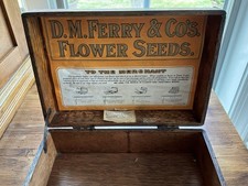 ANTIQUE D.M. FERRY & CO. WOODEN FLOWER SEED OAK BOX ADVERTISING STORE DISPLAY picture