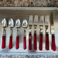 Vintage Peerless Royal Brand Bakelite Red Handle Silverware Set ,9 Pcs picture