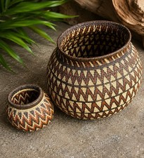 Pair Wounaan Embera Panama Handwoven Basket Vessels Fine Geometric Weaving picture