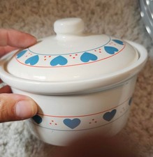 1980's Lullian Vernin Vintage Ceramic Canister White with Blue Hearts picture