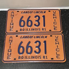 Vintage 1980 1981 Illinois Antique Vehicle License Plates Pair 4 Digit 6631 picture